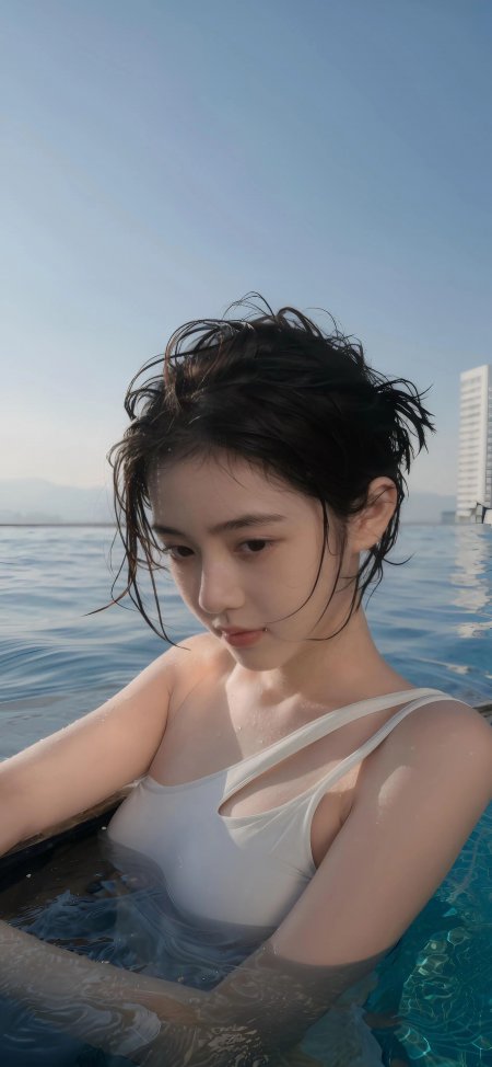 美女泳池湿发白吊带清新人物摄影手机壁纸
