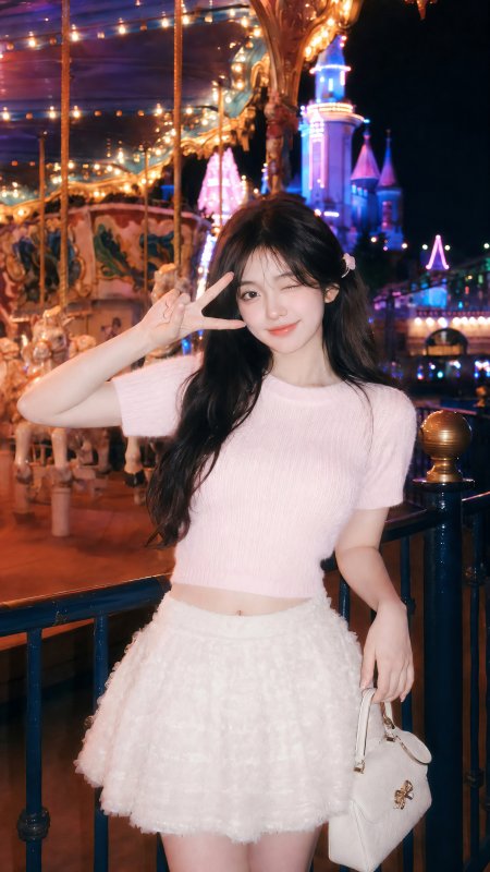 美女游乐园比耶粉衣白裙夜景梦幻人物摄影手机壁纸