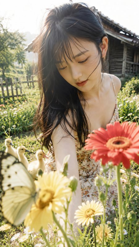 美女碎花裙花园中低头凝视花朵清新自然人物摄影手机壁纸