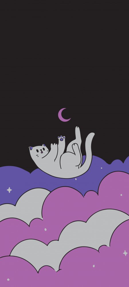 少女灰猫躺卧紫色云朵仰望弯月治愈系插画动漫手机壁纸