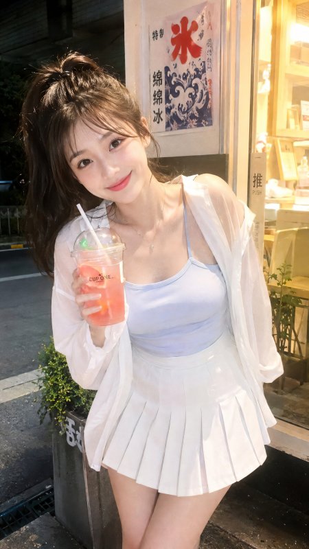 美女手持粉色饮品倚靠店铺门口甜美夏日人物摄影手机壁纸