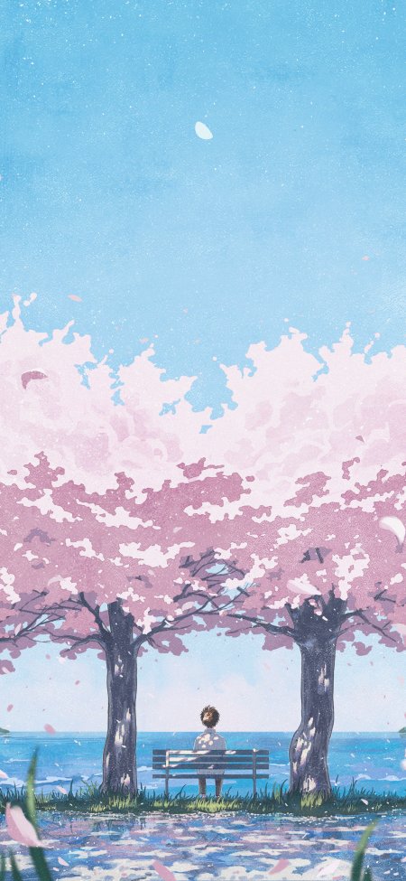 樱花树下少年背影海边长椅唯美日系动漫手机壁纸