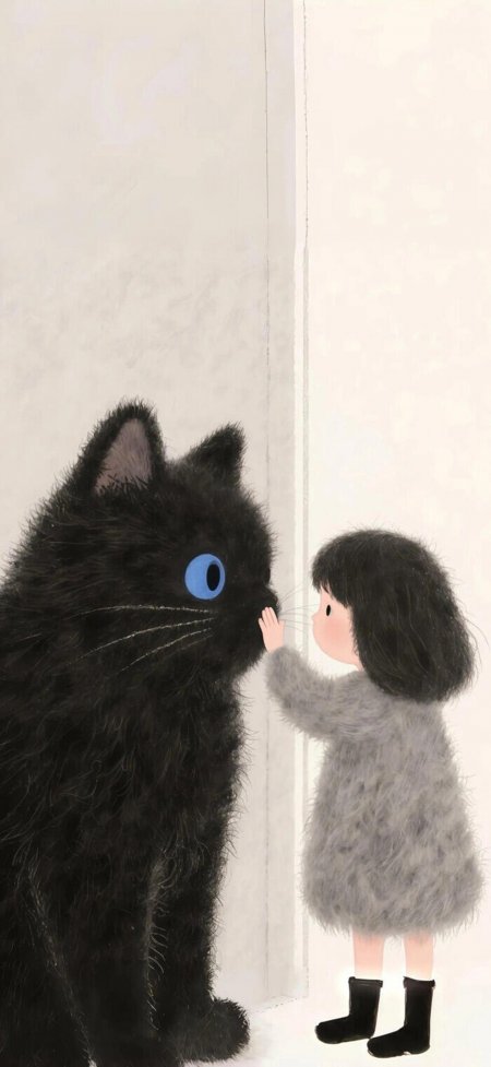 女孩与黑猫治愈系插画情感文艺手机壁纸