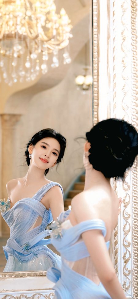 美女浅蓝礼服对镜微笑优雅气质人物摄影手机壁纸