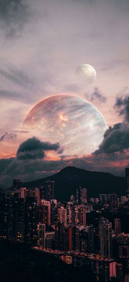 双月悬空城市夜景科幻唯美风景手机壁纸