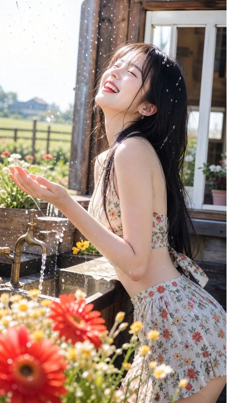美女碎花套装庭院水龙头下戏水清凉夏日人物摄影手机壁纸