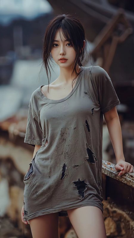 美女灰色破洞T恤站立废墟背景酷飒风格人物摄影手机壁纸