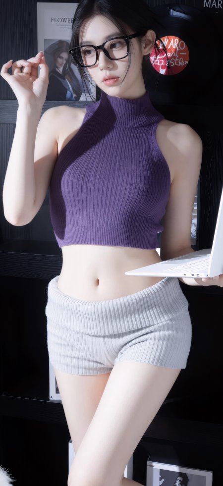 紫色针织上衣白短裤美女手持电脑时尚人物摄影手机壁纸