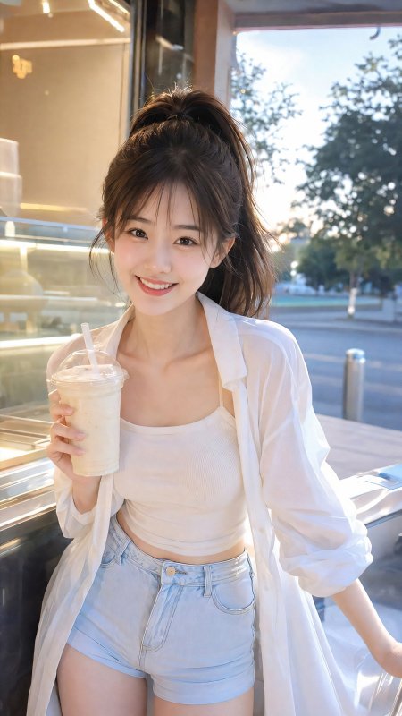美女持奶茶站街边白衬衫牛仔短裤清爽夏日人物摄影手机壁纸