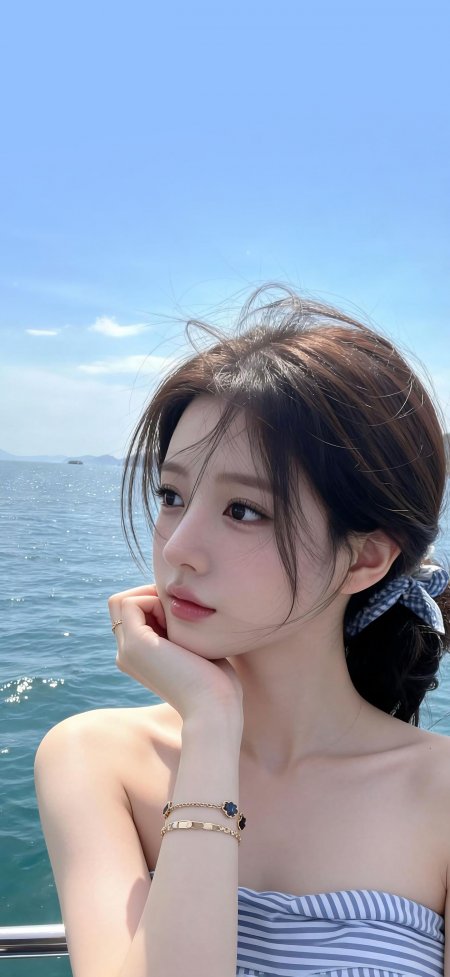 美女海边条纹抹胸裙托腮凝望远方清新人物摄影手机壁纸