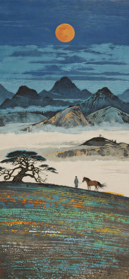 月下雪山孤树牵马人意境油画风景手机壁纸