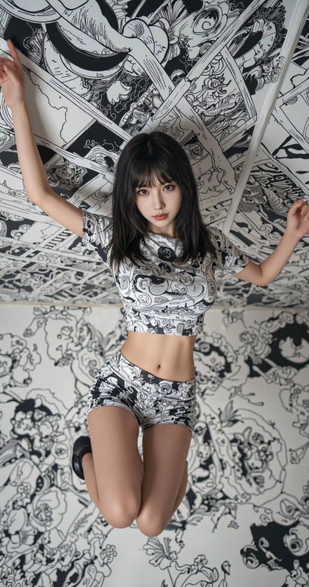 美女黑白漫画风套装跪姿伸展双臂艺术感人物摄影手机壁纸