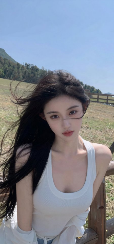 美女白色背心户外草地自然风吹发丝清新人物摄影手机壁纸