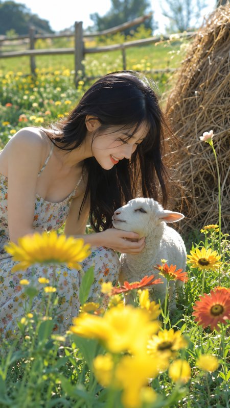 美女碎花裙草地抚摸小羊羔温馨治愈系人物摄影手机壁纸