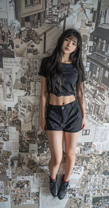 美女黑色露脐短袖短裤站立漫画墙前潮流人物摄影手机壁纸