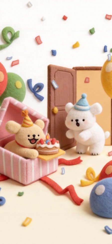 毛绒小狗生日派对蛋糕礼盒欢乐场景动漫手机壁纸