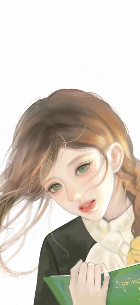 绿眼少女手持书本温柔日系二次元插画手机壁纸