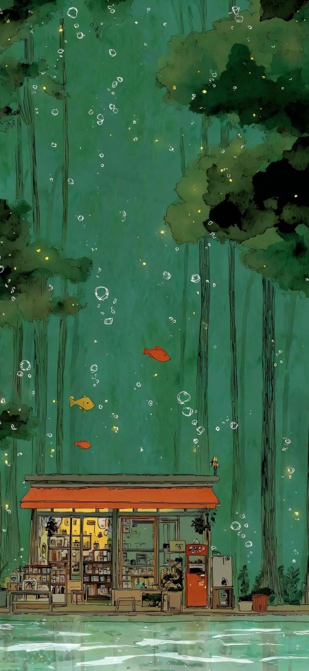 绿林书店插画治愈系动漫风景手机壁纸