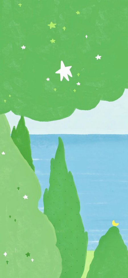 绿色树木星星月亮清新治愈系卡通插画手机壁纸