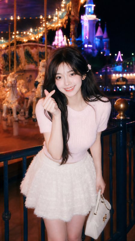 美女粉色上衣白蓬蓬裙乐园比心可爱甜妹人物摄影手机壁纸