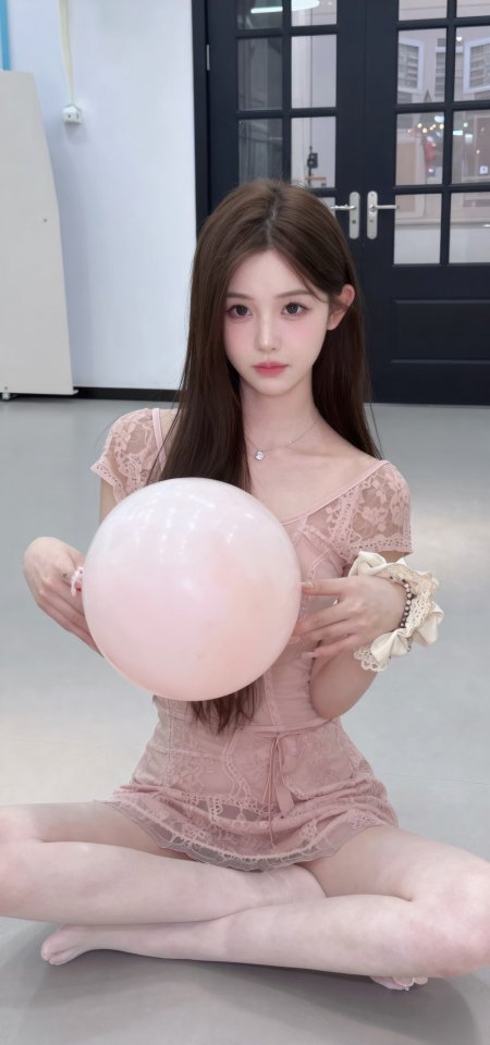 美女粉色蕾丝裙抱气球坐姿温柔居家风人物摄影手机壁纸