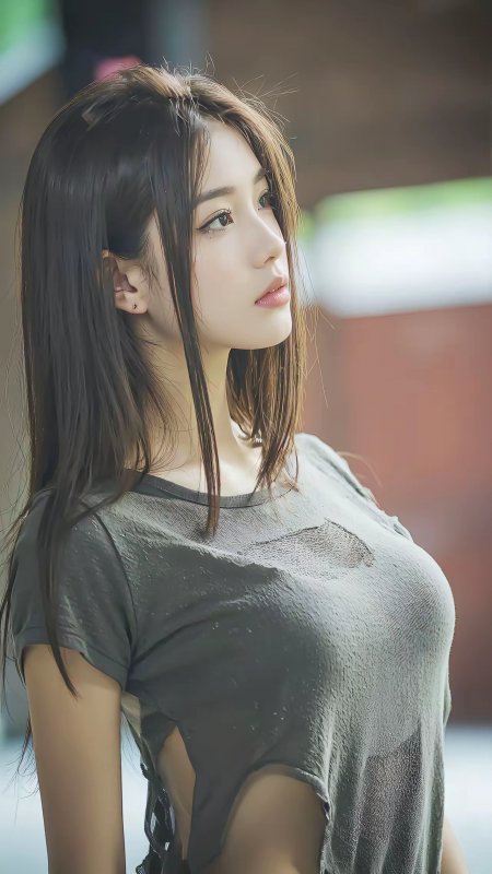 美女侧脸凝视远方湿发贴颈灰色破洞T恤情绪感人物摄影手机壁纸