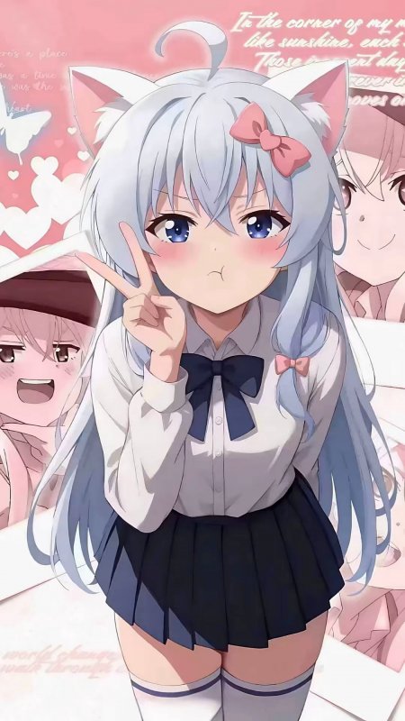 猫耳少女比耶可爱校园风二次元插画动漫手机壁纸