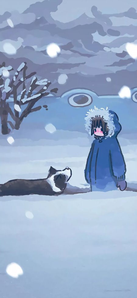 蓝衣少女雪地伴猫冬日治愈插画动漫手机壁纸
