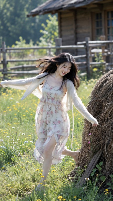 美女碎花长裙配开衫草垛旁奔跑灵动自然人物摄影手机壁纸