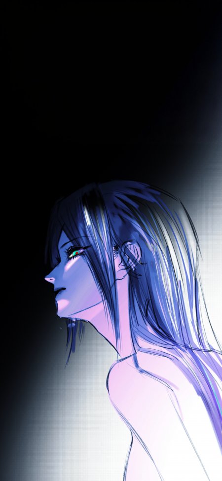 蓝发少女侧脸光影暗黑插画手机壁纸