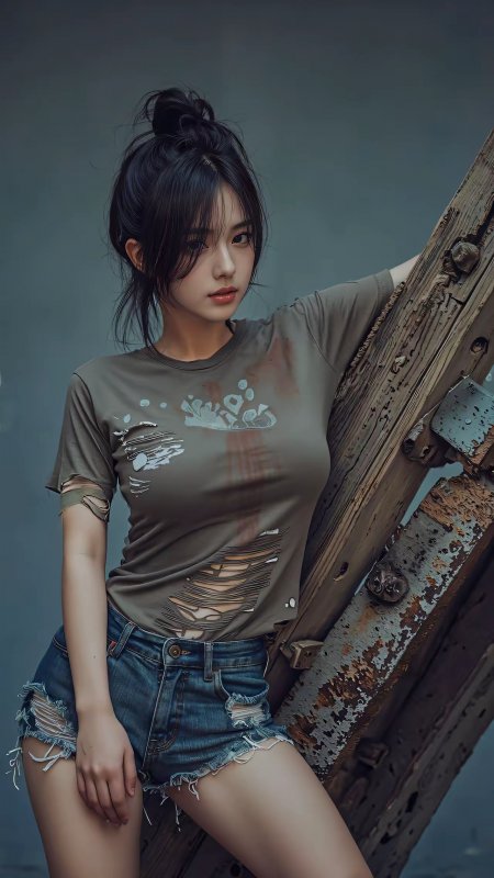 美女扎高丸子头穿破洞T恤倚靠木柱街头风人物摄影手机壁纸
