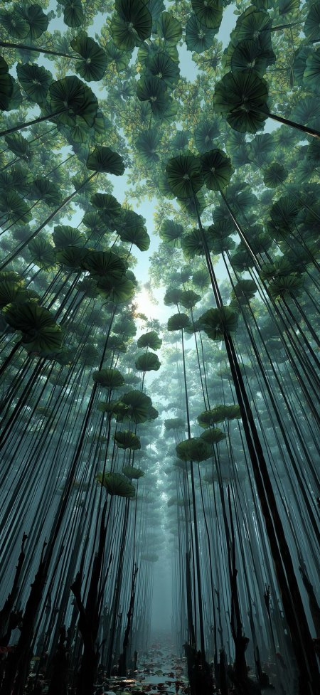 巨型荷叶森林仰视奇幻绿色自然风景手机壁纸
