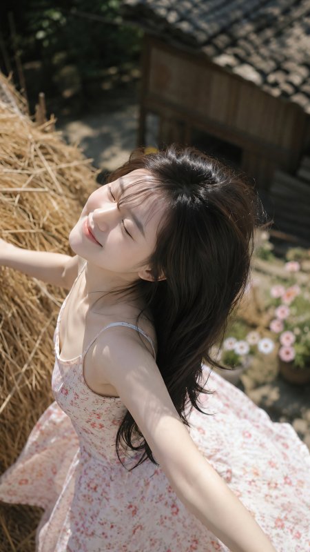 美女穿碎花吊带裙倚草垛微笑清新自然人物摄影手机壁纸