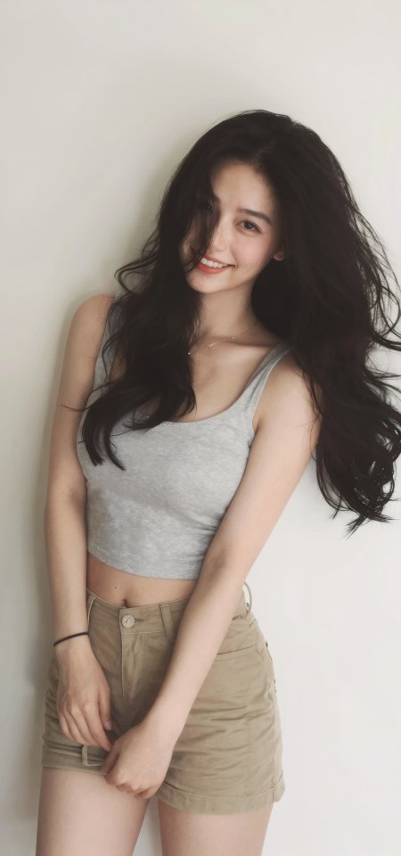 灰色背心卡其短裤美女微笑清新人物摄影手机壁纸