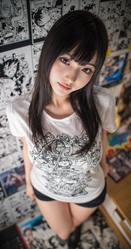 美女白色印花T恤俯拍视角漫画背景个性人物摄影手机壁纸