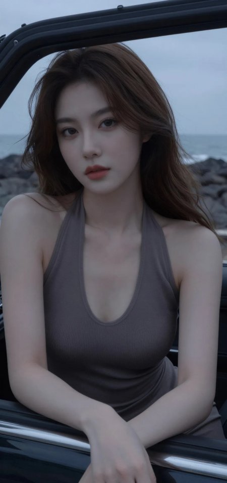 灰色吊带裙美女倚靠车窗海边氛围人物摄影手机壁纸