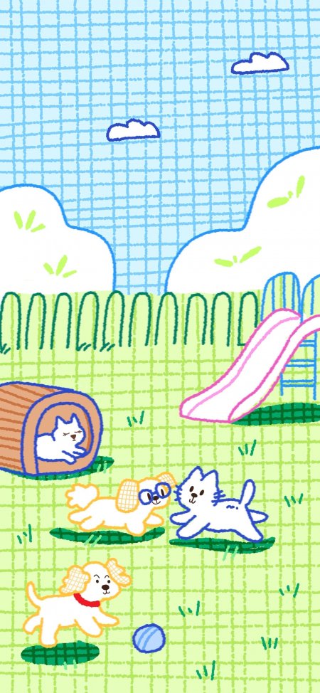 卡通小狗小猫草坪滑梯玩耍童趣插画少女动漫手机壁纸