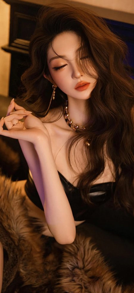 黑皮衣美女闭眼托腮卷发飘逸优雅气质人物摄影手机壁纸