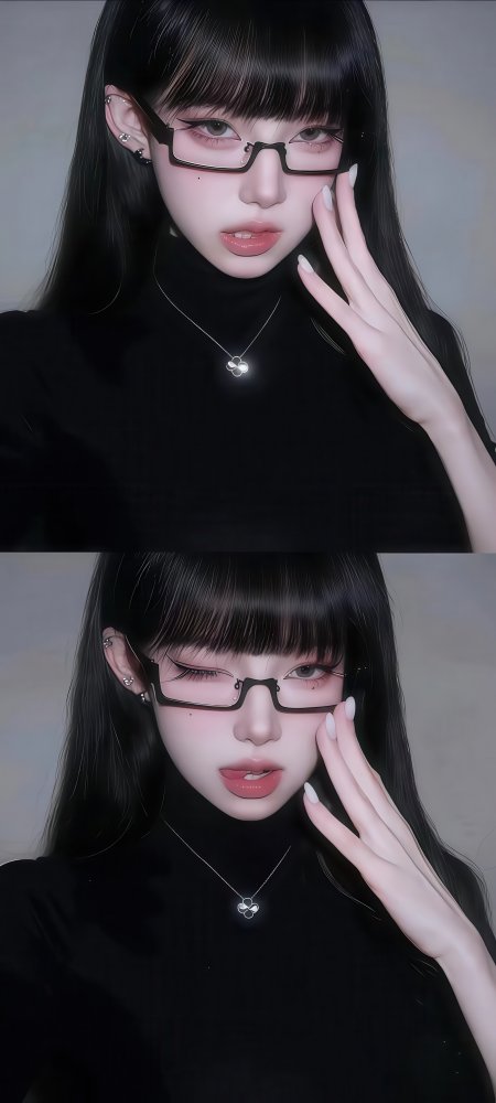 黑发美女戴眼镜黑高领冷艳人物摄影手机壁纸