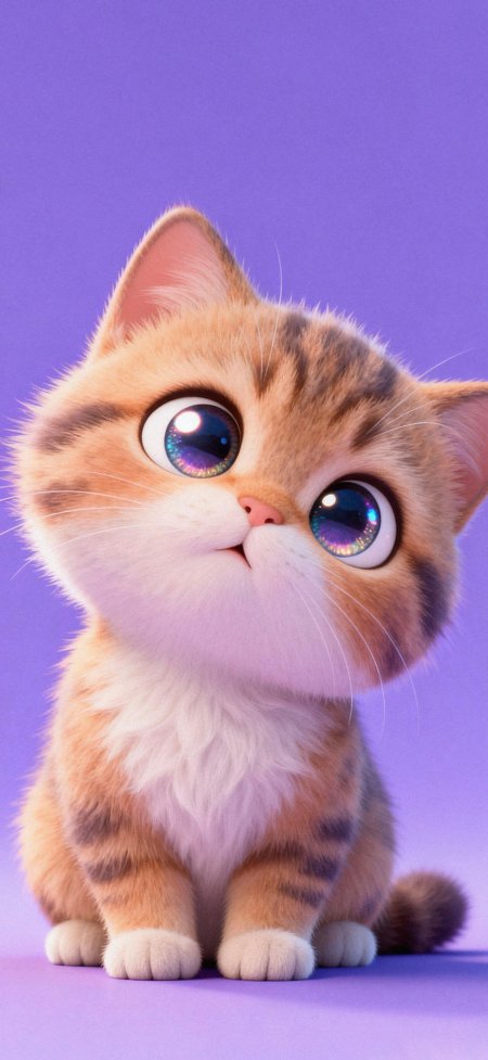 橘猫大眼萌态紫色背景3D渲染可爱动物手机壁纸
