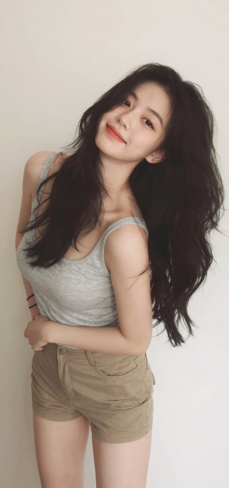 灰背心卡其短裤少女微笑随性风手机壁纸
