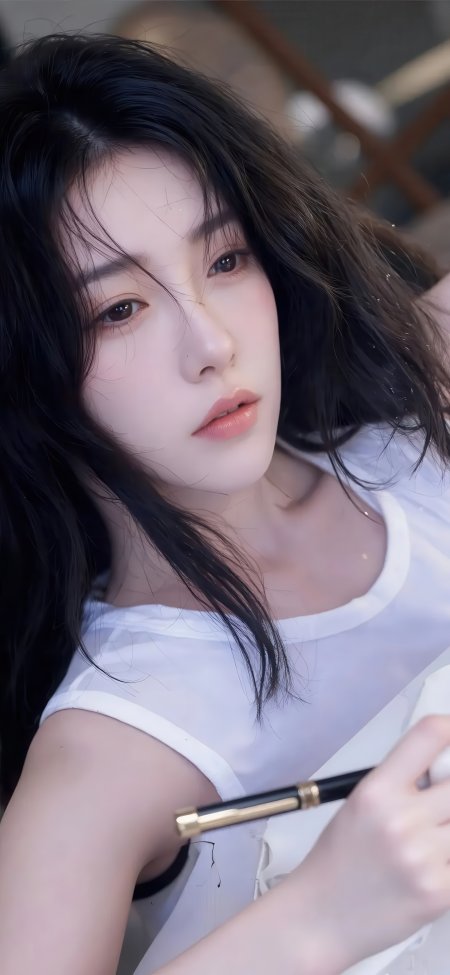 黑发美女白T恤侧颜特写文艺人物摄影手机壁纸