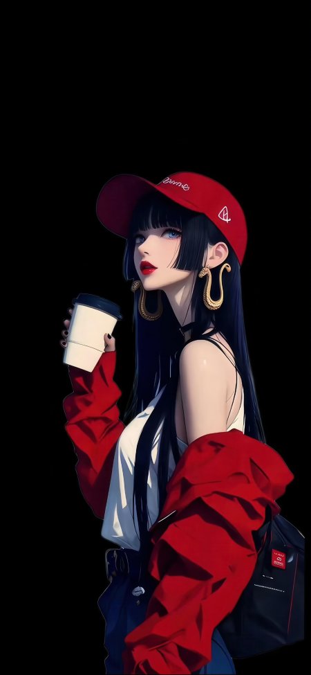 黑发红帽少女持咖啡时尚动漫手机壁纸