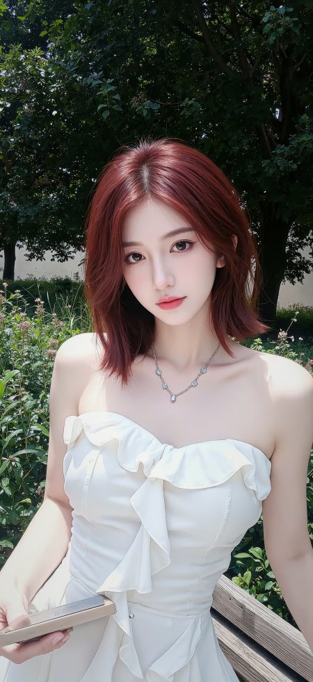 红发美女白裙户外微笑甜美清新人物摄影手机壁纸