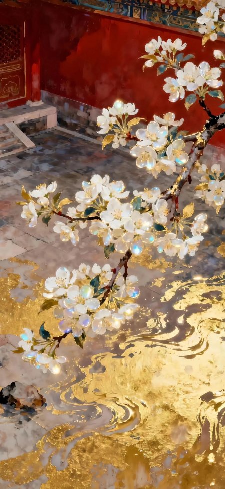 红墙白花鎏金地面古典宫廷风唯美插画手机壁纸