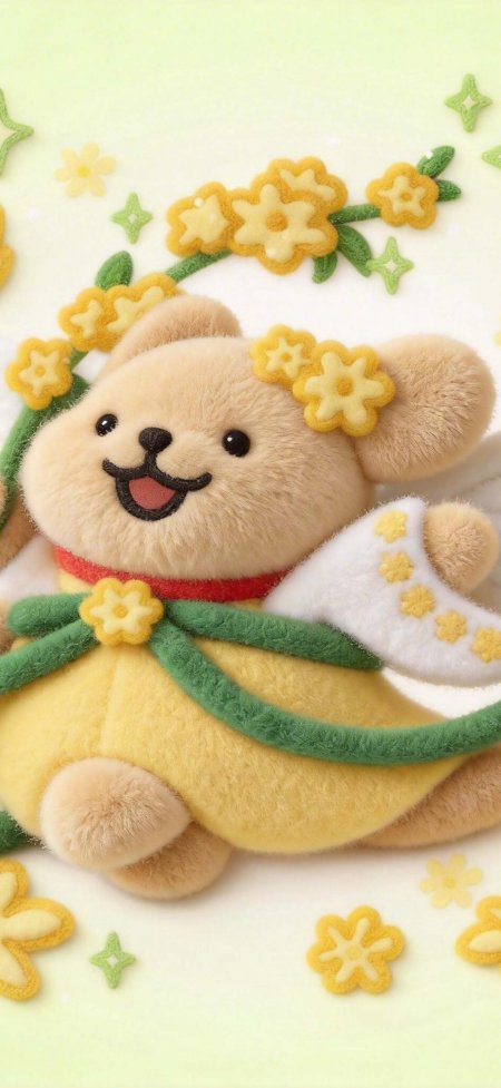黄色花朵装饰棕色小狗玩偶甜美可爱动漫手机壁纸