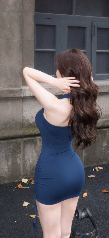蓝裙美女背影撩发街头时尚人物摄影手机壁纸