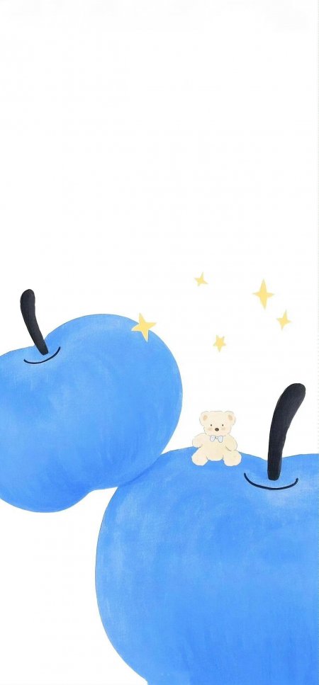 蓝色苹果小熊插画治愈系卡通手机壁纸