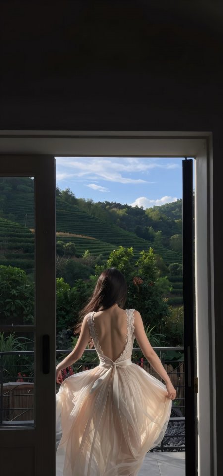 露背长裙美女推门望向茶园梯田治愈系旅行人物摄影手机壁纸