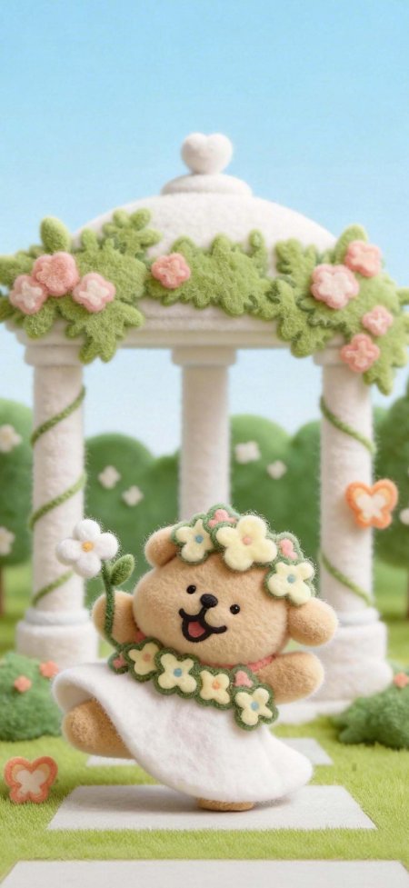 花园凉亭戴花环棕色小狗玩偶童话风动漫手机壁纸
